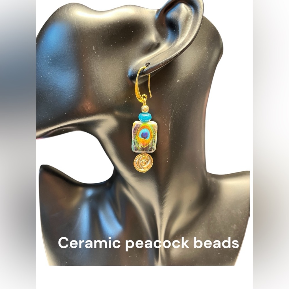 🦚ceramic hand painted looking peacock earrings